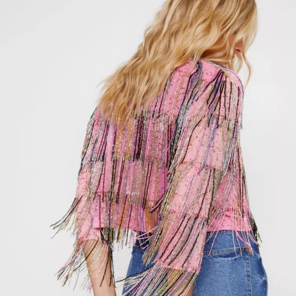 Nasty Gal Tiered Tassel Multicolour Beaded Jacket, Pink, Size 10